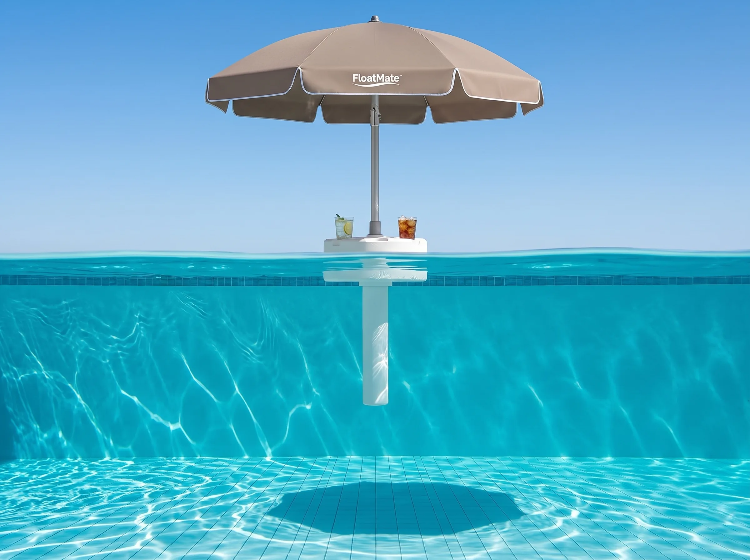 Half above and half below the waterline: a FloatMate with a taupe canopy floating with drinks on its table, its white weighted column hanging in open water well clear of the pool floor