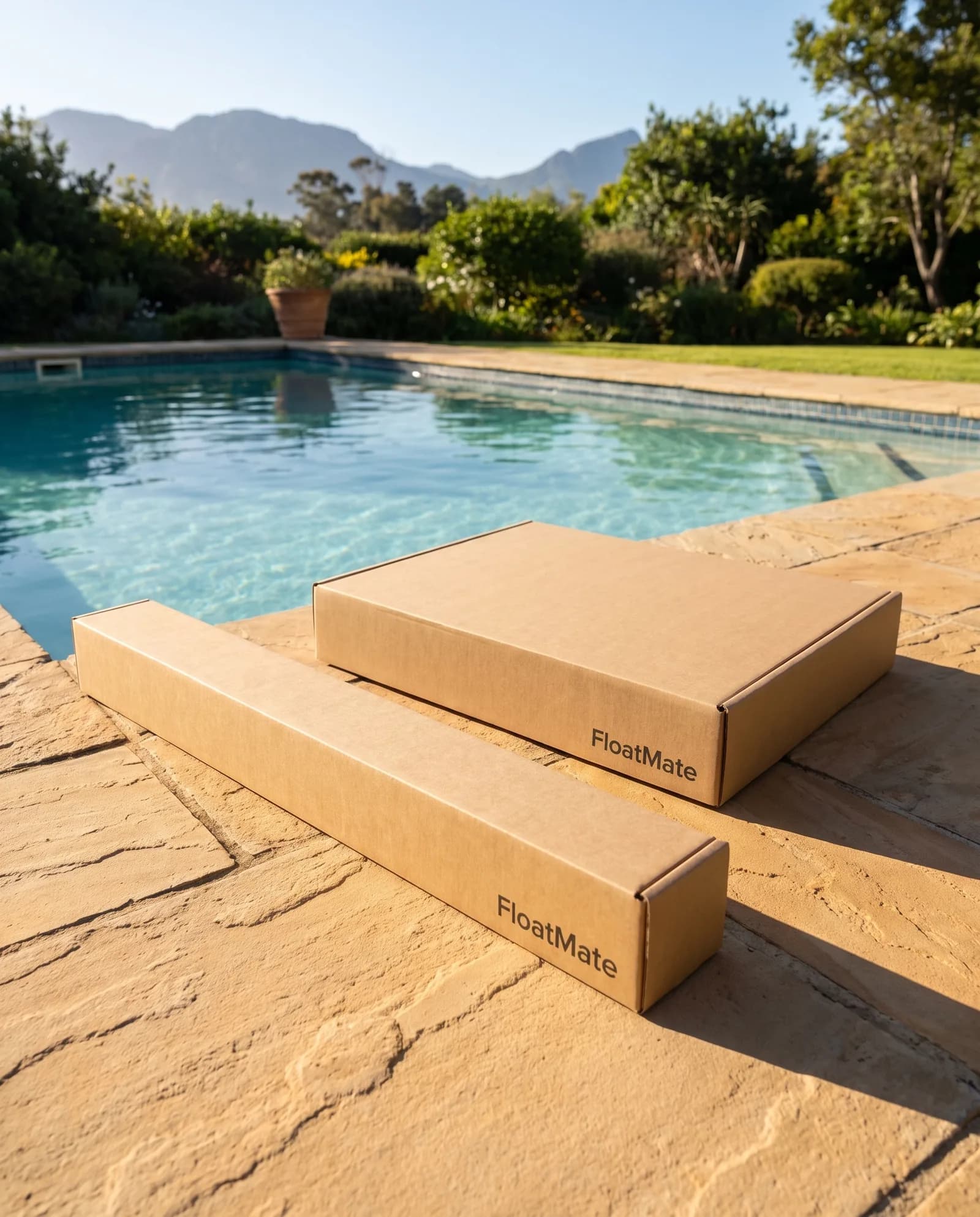 Two sealed FloatMate boxes, one long and slim and one wide and flat, on the paving beside a pool