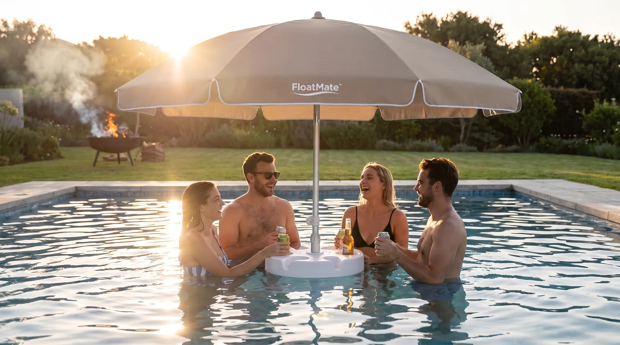 Four friends in a pool at sunset around a FloatMate, drinks in its table, a braai burning in the garden behind them