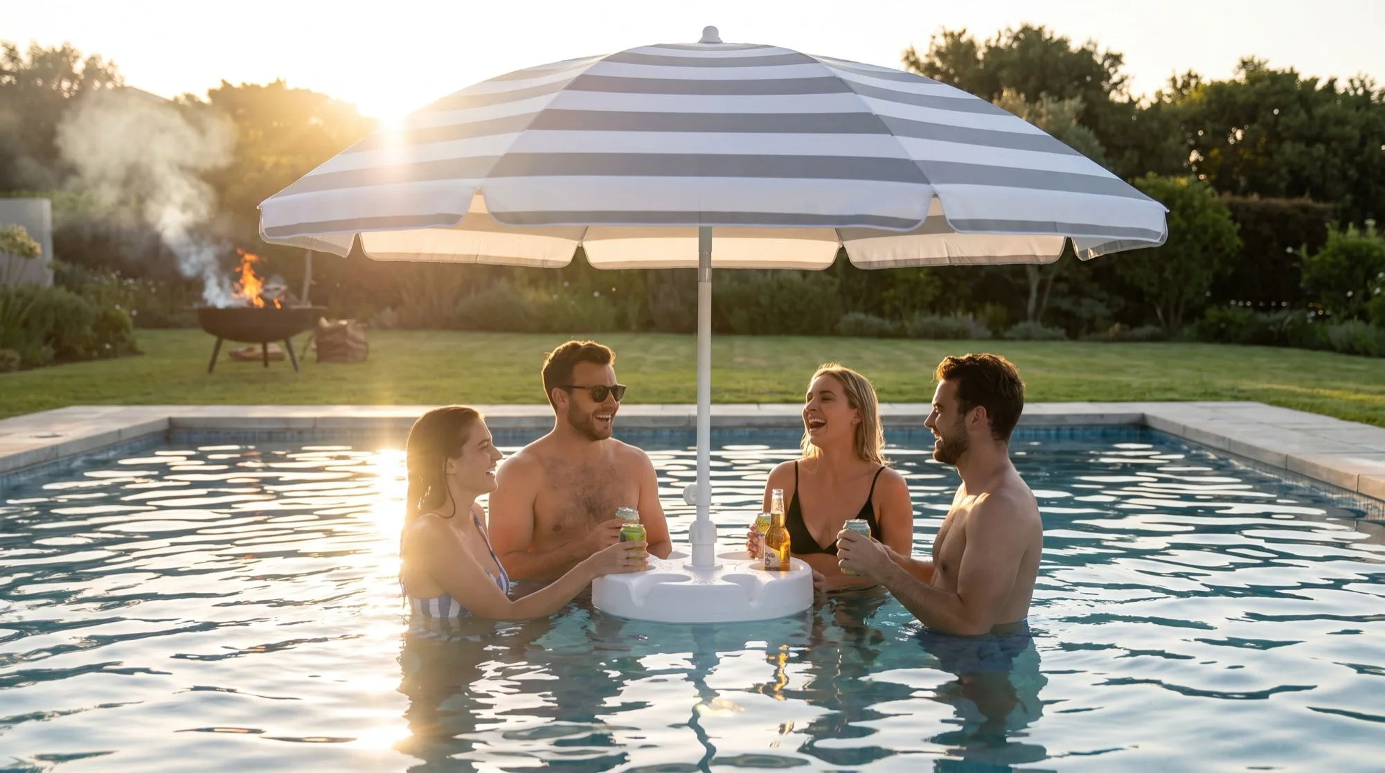 Four friends in a pool at sunset around a FloatMate, drinks in its table, a braai burning in the garden behind them